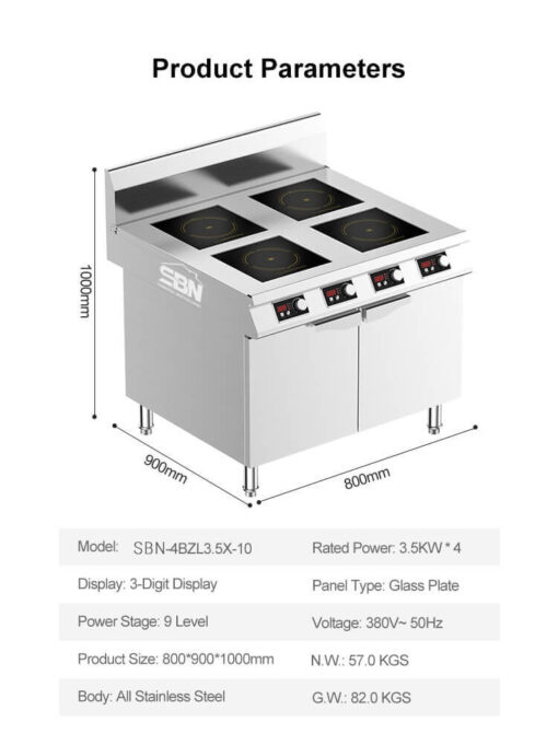 Bếp từ công nghiệp 4 vùng nấu mặt phẳng 4x3.5kW (14kW) SBN-4BZL3.5X-10 - Ảnh 3